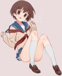  :d arms_up blouse blue_sailor_collar blue_skirt blush brown_eyes brown_footwear brown_hair commentary_request full_body head_tilt kneehighs loafers long_sleeves looking_at_viewer loose_neckwear miniskirt miyanaga_saki neckerchief no_panties open_mouth pink_background red_neckwear sailor_collar saki school_uniform serafuku shisoneri shoes short_hair simple_background skirt smile solo tan_shirt white_legwear 