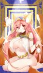  &lt;o&gt;_&lt;o&gt; alternate_costume animal_ear_fluff animal_ears breasts cosplay cui_pi_cha_tu earrings egyptian_clothes fang fate/grand_order fate_(series) fox_ears fox_girl fox_tail highres hoop_earrings jewelry large_breasts medjed multiple_tails navel nitocris_(fate/grand_order) nitocris_(fate/grand_order)_(cosplay) pink_hair sitting solo tail tamamo_(fate)_(all) tamamo_no_mae_(fate) underboob yellow_eyes 