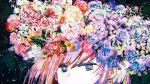  abstract bangs blue_eyes blue_flower blue_rose bouquet check_commentary close-up colorful commentary_request face flower flower_wreath hair_between_eyes hair_ornament highres looking_at_viewer megurine_luka meola multicolored multicolored_eyes out_of_frame pink_flower pink_hair pink_rose red_flower red_rose rose solo vocaloid white_flower white_rose wreath yellow_flower yellow_rose 