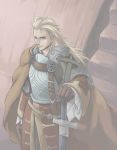  armor blonde_hair blue_eyes brown_gloves commentary_request gloves graphite_(medium) gustave_xiii long_hair saga saga_frontier_2 sheath solo stairs standing sword traditional_media weapon yokutsuki_noa 