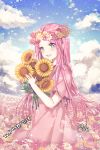  :d aile_(crossroads) artist_name bangs blue_eyes blue_sky blush cloud cloudy_sky commentary_request day dress eyebrows_visible_through_hair field flower flower_field flower_wreath head_wreath holding holding_flower horizon long_hair open_mouth original outdoors parted_bangs pink_dress pink_hair short_sleeves signature sky smile solo sunflower very_long_hair wide_sleeves yellow_flower 