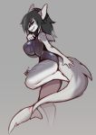 2018 anthro big_breasts biped black_hair breasts clothed clothing dorsal_fin female fin fish fish_tail grey_background grey_skin grin hair hand_on_breast kanel long_hair long_tail marine one-piece_swimsuit raised_leg red_eyes shark side_boob simple_background smile solo swimsuit tail_fin thick_tail toothy_grin wet 