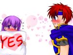  1girl 74 armor blue_eyes blush braid cape commentary_request fire_emblem fire_emblem:_fuuin_no_tsurugi french_braid full-face_blush headband heart holding holding_pillow long_hair pillow purple_eyes purple_hair red_hair roy_(fire_emblem) sofiya sweatdrop yes yes-no_pillow 