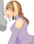  1girl brown_hair denyfake dog fellatio furry green_eyes long_hair oral penis sex sweater 