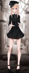  :o bangs black_dress black_footwear black_gloves blonde_hair blue_eyes cross dress eyebrows_visible_through_hair full_body gloves hands_together hat highres jewelry kanju long_hair long_legs looking_at_viewer necklace original peaked_cap short_dress solo standing 