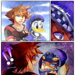  ?? brown_hair bruno_buccellati chain_necklace comic commentary crossover disney donald_duck hat highres jojo_no_kimyou_na_bouken kingdom_hearts kisamyuki multiple_boys sora_(kingdom_hearts) surprised vento_aureo zipper 