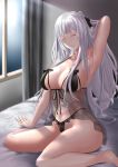  ak-12_(girls_frontline) arm_up armpits bed bedroom black_bra black_panties bra breasts cleavage closed_eyes closed_mouth commentary english_commentary eyebrows_visible_through_hair girls_frontline hair_ribbon highres large_breasts long_hair on_bed panties ribbon sam_(metalibon) silver_hair sitting sitting_on_bed solo underwear very_long_hair wariza window 