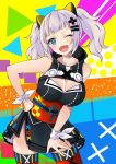  ;d bad_id bad_pixiv_id bangs blue_eyes blush breasts cleavage cleavage_cutout contrapposto cowboy_shot dress fang hair_ornament hairclip hand_on_hip head_tilt highres kaguya_luna kaguya_luna_(character) long_hair looking_at_viewer medium_breasts multicolored multicolored_background obi one_eye_closed open_mouth ribbon ryun025 sash silver_hair sleeveless sleeveless_dress smile solo standing thighhighs triangle twintails virtual_youtuber wrist_ribbon 