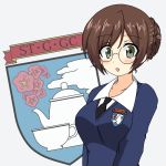  black_neckwear blue_sweater braid brown_eyes brown_hair commentary_request crown_braid dress_shirt emblem eyebrows_visible_through_hair girls_und_panzer glasses ichinose_jun long_sleeves looking_at_viewer necktie nilgiri open_mouth round_eyewear school_uniform shirt short_hair smile solo st._gloriana's_(emblem) st._gloriana's_school_uniform standing sweater upper_body v-neck white_shirt wing_collar 