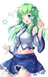  ;d ahoge aka_tawashi bangs bare_shoulders blue_skirt blush breasts commentary_request cowboy_shot crop_top detached_sleeves eyebrows_visible_through_hair frog_hair_ornament green_eyes green_hair groin hair_ornament hair_tubes hand_up highres kochiya_sanae large_breasts long_hair long_sleeves looking_at_viewer midriff miniskirt navel one_eye_closed open_mouth petticoat shirt simple_background single_sidelock skirt smile snake_hair_ornament solo standing star stomach thighs touhou white_background white_shirt wide_sleeves wing_collar 