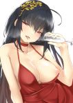  azur_lane bangs black_hair blush breasts choker cocktail_dress commentary_request cum cum_in_cup cum_in_mouth cum_on_body cum_on_breasts cum_on_upper_body cumdrip dress glass gokkun hair_ornament highres long_hair looking_at_viewer narrowed_eyes nipples nukkoru one_breast_out red_choker red_dress red_eyes steam taihou_(azur_lane) tongue tongue_out very_long_hair 