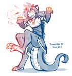  2018 5_fingers 5_toes anthro balancing_on_tail biped breasts breath claws digitigrade dragon feline female flora_(twokinds) fur glowing glowing_claws glowing_eyes hair horn hybrid jewelry lizard_tail long_hair long_tail mammal monochrome necklace raised_leg scales simple_background striped_fur stripes thick_tail tiger toes tom_fischbach twokinds 