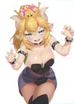  armlet bare_shoulders black_legwear black_leotard blonde_hair bowsette bracelet breasts claw_pose cleavage collar collarbone crown eyebrows eyebrows_visible_through_hair fang hair_between_eyes highres horns jewelry large_breasts leotard looking_at_viewer mario_(series) new_super_mario_bros._u_deluxe open_mouth pantyhose pointy_ears simple_background smile solo spiked_armlet spiked_bracelet spiked_collar spikes super_crown thighhighs white_background zpig020406 