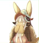  ambiguous_gender animal_ears covering_mouth eyebrows_visible_through_hair furry kawasemi27 long_hair looking_away made_in_abyss nanachi_(made_in_abyss) simple_background tail tearing_up upper_body white_background white_hair yellow_eyes 
