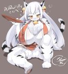  1girl big_breasts borrowed_character furry japanese_clothes letsuo short_hair solo tiger white_hair yellow_eyes 