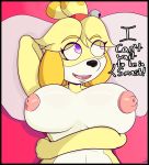  2018 animal_crossing anthro blonde_hair blush breasts canine digital_media_(artwork) dog female fur hair isabelle_(animal_crossing) lying mammal nintendo not_safe_for_reality nude on_back open_mouth shih_tzu smile solo text video_games yellow_fur 