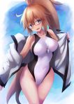  blue_background competition_swimsuit covered_navel cowboy_shot fate/grand_order fate_(series) glasses highres jacket jeanne_d'arc_(fate)_(all) jeanne_d'arc_(swimsuit_archer) karaage_bou looking_at_viewer one-piece_swimsuit open_clothes open_jacket open_mouth ponytail smile solo swimsuit whistle whistle_around_neck white_jacket white_swimsuit 