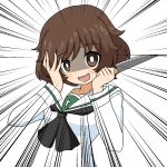  akiyama_yukari bangs black_neckwear blouse brown_eyes brown_hair commentary_request crazy_eyes crazy_smile emphasis_lines girls_und_panzer hands_on_own_face holding holding_knife holding_weapon ichinose_jun knife long_sleeves looking_at_viewer messy_hair neckerchief ooarai_school_uniform open_mouth partial_commentary saliva school_uniform serafuku short_hair smile solo upper_body weapon white_background white_blouse white_pupils yandere 