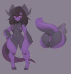  4_toes anthro anus black_hair breasts butt digitigrade dragon female grey_background hair horn kanel long_hair looking_at_viewer nipples nude pink_eyes purple_skin pussy scalie simple_background solo standing thick_thighs toeless_(marking) toes 
