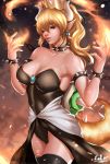  2018 alternate_species animal_humanoid blonde_hair bowser bowsette_meme breasts cleavage clothed clothing digital_media_(artwork) exlic female fire hair hi_res horn humanoid humanoidized legwear long_hair looking_at_viewer mario_bros nintendo pointy_ears signature solo super_crown video_games 