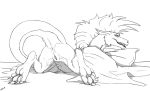  anus bed black_and_white claws digitigrade dragon eastern_dragon female feral fur furred_dragon hindpaw looking_at_viewer mohawk monochrome nude on_bed pawpads paws pussy sharp_teeth smile solo teeth toe_claws zafara_(artist) 