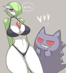  1boy 1girl creatures_(company) eyes_closed game_freak gardevoir gen_1_pokemon gen_3_pokemon gengar inumatori laughing nintendo pokemon red_eyes smile swimsuit 