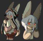  :3 alternate_eye_color alternate_hair_length alternate_hairstyle ambiguous_gender animal_ears black_background bottle closed_mouth eyebrows_visible_through_hair furry glowing glowing_eyes highres holding holding_knife kawasemi27 knife looking_at_viewer made_in_abyss nanachi_(made_in_abyss) open_mouth red_eyes short_hair simple_background smile sparkle white_hair 
