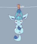  ambiguous_gender blue_fur blush chibi clothes_pin cute eeveelution eyes_closed feral fur glaceon grey_background hindpaw lovewolf5122 nintendo nude pawpads paws pok&eacute;mon pok&eacute;mon_(species) simple_background smile solo suspension video_games 