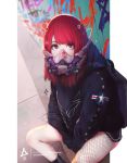  backpack bag bangs commentary cyberpunk english_commentary erica_june_lahaie face_mask fishnet_legwear fishnets graffiti highres hood hooded_jacket jacket looking_at_viewer mask original patreon_username purple_eyes red_hair science_fiction solo swept_bangs us_air_force watermark web_address 