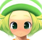  3: bel_(pokemon) blonde_hair blush closed_mouth commentary_request crying crying_with_eyes_open forehead furrowed_eyebrows green_eyes green_hat hair_flaps hat lips looking_at_viewer pokemon pokemon_(game) pokemon_bw portrait short_hair simple_background single_horizontal_stripe solo tareme tears tm_(hanamakisan) white_background 