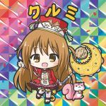 :d animal bangs bikkuriman_(style) blush boots brown_eyes brown_hair character_name chibi confetti cross-laced_legwear dress eyebrows_visible_through_hair flower_knight_girl hair_between_eyes hat holding holding_staff kurumi_(flower_knight_girl) long_hair long_sleeves looking_at_viewer one_side_up open_mouth outstretched_arm red_dress red_hat rinechun shako_cap smile solo squirrel staff standing standing_on_one_leg thighhighs very_long_hair walnut_(food) white_footwear white_legwear 