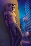  2018 4_fingers anthro city clothed clothing detailed_background digital_media_(artwork) feline goldendruid heterochromia lion mammal night outside 