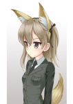  animal_ear_fluff animal_ears bangs black_bow black_neckwear blush bow breast_pocket breasts brown_eyes brown_hair collared_shirt commentary_request eyebrows_visible_through_hair fake_animal_ears flipper fox_ears fox_girl fox_tail girls_und_panzer gradient gradient_background green_jacket grey_background hair_between_eyes hair_bow jacket long_hair long_sleeves looking_away necktie one_side_up parted_lips pocket selection_university_military_uniform shimada_arisu shirt small_breasts solo tail tail_raised upper_body white_background white_shirt 