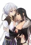  1boy 1girl black_choker black_dress black_hair black_jacket breasts chinese_clothes choker cleavage closed_mouth collarbone consort_yu_(fate) dress earrings eyebrows_visible_through_hair fate/grand_order fate_(series) fur-trimmed_jacket fur_trim gao_changgong_(fate) hair_between_eyes hand_on_another&#039;s_arm hand_on_another&#039;s_chest hand_on_another's_arm hand_on_another's_chest hug jacket jewelry long_hair looking_at_viewer medium_breasts purple_eyes red_eyes simple_background tsengyun white_background white_hair 