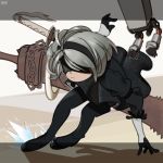  black_blindfold black_dress black_hairband black_legwear blindfold boots commentary covered_eyes dress gloves hairband highres nier_(series) nier_automata onionsketch pod_(nier_automata) short_hair solo sword thigh_boots thighhighs weapon yorha_no._2_type_b 