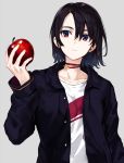  androgynous apple arisaka_ako arm_at_side asymmetrical_bangs bangs black_hair black_jacket choker closed_mouth collarbone commentary drawstring earrings fingernails food fruit grey_background hair_between_eyes hand_up holding holding_food holding_fruit jacket jewelry long_sleeves looking_at_viewer medium_hair open_clothes open_jacket original red_choker red_eyes shirt simple_background single_earring snowflakes solo stud_earrings t-shirt unbuttoned white_shirt 