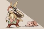  1other alternate_eye_color animal_ears closed_mouth eyebrows_visible_through_hair facial_scar furry helmet highres kawasemi27 long_hair looking_away made_in_abyss mitty_(made_in_abyss) nanachi_(made_in_abyss) red_eyes scar standing tail white_hair 