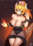  2018 alternate_species animal_humanoid big_breasts black_nails blonde_hair blue_eyes blush bowser bowsette_meme bracelet breasts clothed clothing collar colored_nails crossgender crown digital_media_(artwork) doomthewolf dress eyelashes female fire hair horn humanoid humanoidized jewelry koopa legwear looking_at_viewer mario_bros nintendo open_mouth patreon pointy_ears ponytail scalie sharp_teeth signature simple_background smile solo spiked_armlet spiked_bracelet spiked_collar spiked_shell spiked_tail spikes super_crown teeth text video_games 