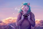  2018 5_fingers anthro blue_hair clothed clothing day detailed_background digital_media_(artwork) feline goldendruid hair holding_object male mammal outside sky solo standing tiger 