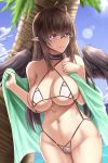  ahoge bangs bare_shoulders beach bikini black_hair black_wings blue_sky blush breasts cameltoe cleavage collarbone commentary_request covered_nipples criss-cross_halter day embarrassed eyebrows_visible_through_hair groin halter_top halterneck heart_ring highres large_breasts long_hair looking_at_viewer looking_to_the_side micro_bikini navel original outdoors pointy_ears purple_eyes shiny shuugetsu_karasu skindentation sky solo standing stomach string_bikini sunlight swimsuit thighs underboob white_bikini wings 