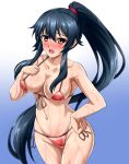  bikini black_hair blue_background blush breasts cleavage collarbone commentary_request cowboy_shot front-tie_top gradient gradient_background hand_on_hip highres kantai_collection large_breasts long_hair navel open_mouth ponytail red_bikini red_eyes scrunchie side-tie_bikini sidelocks solo swimsuit wet white_background yahagi_(kantai_collection) zanntetu 