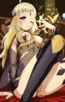  artist_name blonde_hair blue_eyes blush breasts cape circlet closed_mouth fire_emblem fire_emblem_if highres long_hair nipples obakeart one_eye_closed ophelia_(fire_emblem_if) sitting smile solo torn_clothes 