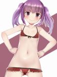 alice_gear_aegis ass_visible_through_thighs bikini blush breasts cameltoe closed_mouth collarbone frilled_bikini frills hands_on_hips highres ichijou_ayaka looking_at_viewer nanashi_(user_hagu2878) navel purple_hair red_bikini small_breasts smile solo standing swimsuit twintails v-shaped_eyebrows 