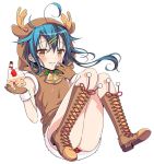  animal_costume antlers ass bell blue_hair blush boots breasts food gloves hinako_note knee_boots looking_at_viewer march-bunny natsukawa_kuina no_panties pie reindeer_antlers reindeer_costume simple_background small_breasts smile solo white_background yellow_eyes 