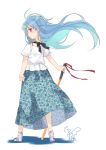  alternate_costume black_ribbon blue_hair blue_skirt blush bra_strap casual commentary_request contemporary floating_hair floral_print frilled_sleeves frills from_behind full_body high_heels highres hinanawi_tenshi holding holding_sword holding_weapon leaf_print long_hair long_skirt looking_at_viewer looking_back no_hat no_headwear profile red_eyes ribbon shadow shirt short_sleeves signature simple_background skirt solo standing sword sword_of_hisou touhou toutenkou weapon white_background white_footwear white_shirt 