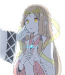  brown_hair chest_jewel circlet commentary empty_eyes fan_la_norne hagoromo long_hair looking_at_viewer marbeni_(xenoblade_2) rikori_x shawl white_background wide_sleeves xenoblade_(series) xenoblade_2 xenoblade_2:_ogon_no_kuri_ira 