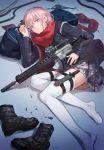  alternate_costume ar-15 assault_rifle bangs black_footwear blue_eyes blue_hair blue_jacket boots_removed closed_mouth combat_knife commentary eyebrows_visible_through_hair girls_frontline gun hair_between_eyes hair_ornament highres holding holding_gun holding_weapon holster jacket knife knife_holster long_hair looking_at_viewer lying lynchis magpul multicolored_hair on_side one_side_up open_clothes open_jacket panties pink_hair red_scarf rifle scarf school_uniform side_ponytail sidelocks skirt solo st_ar-15_(girls_frontline) streaked_hair thigh_holster thigh_strap thighhighs thighs underwear weapon weapon_bag white_legwear white_panties 