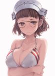  alternate_costume arm_at_side arm_under_breasts bangs bare_shoulders bikini blunt_bangs breast_hold breasts brown-framed_eyewear brown_eyes brown_hair cleavage collarbone commentary_request glasses hat holding_arm kantai_collection large_breasts looking_at_viewer pince-nez rokuwata_tomoe roma_(kantai_collection) round_eyewear short_hair simple_background solo swimsuit upper_body wavy_hair wet white_background white_bikini 