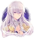  circlet closed_mouth commentary_request diadora_(fire_emblem) fire_emblem fire_emblem:_seisen_no_keifu hand_on_own_chest highres lavender_hair long_hair nakabayashi_zun purple_eyes smile solo turtleneck 
