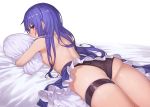  areolae ass bangs bare_arms bed bed_sheet black_panties blue_hair blue_skirt blush breasts cowboy_shot cushion decensored eyebrows_visible_through_hair frills from_behind hinanawi_tenshi ibuki_notsu long_hair looking_at_viewer lying nipples object_hug on_bed on_stomach panties red_eyes simple_background skirt small_breasts solo thigh_strap thighs third-party_edit topless touhou underwear 
